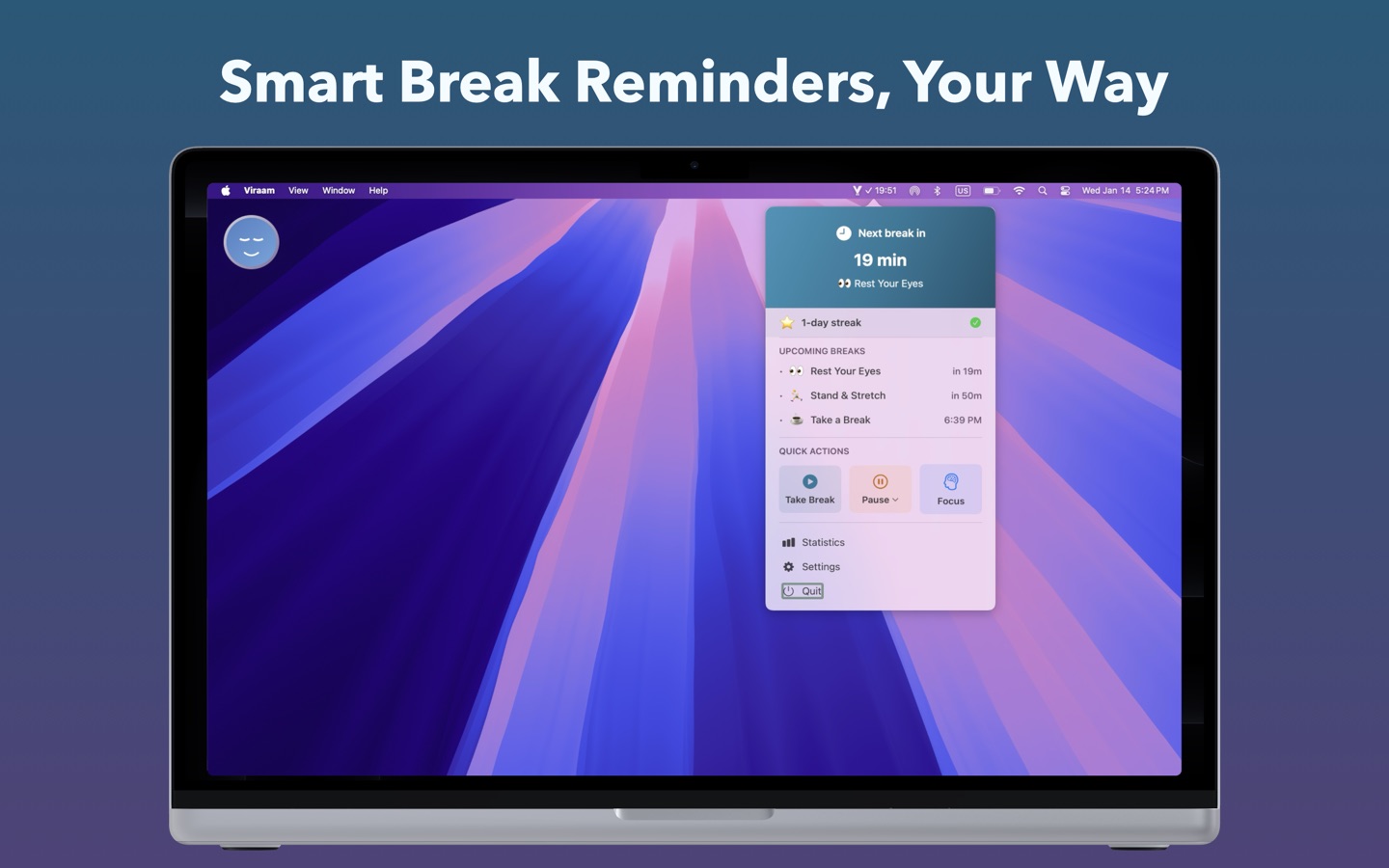 Viraam macOS app - Smart break reminders for eye rest, movement, and sleep with menu bar integration